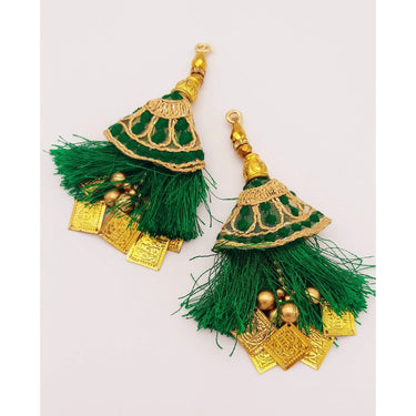 Green Tassels With Gold Beads, Beaded Tassels With Green and Gold Embroidery, Traditional Indian Latkan